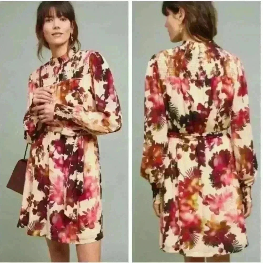Anthropologie Floral Mock-Neck Mini Dress in Cream, Pink, Burgundy